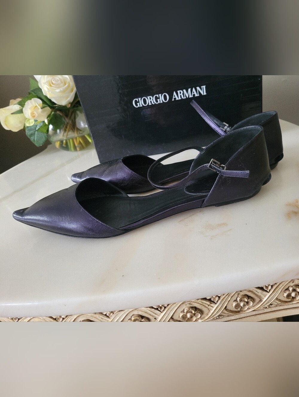 Giorgio Armani Pointed Toe Ankle-Strap Flats Black/Purple Sheen IT 39.5/US 9.5 - Picture 8 of 16